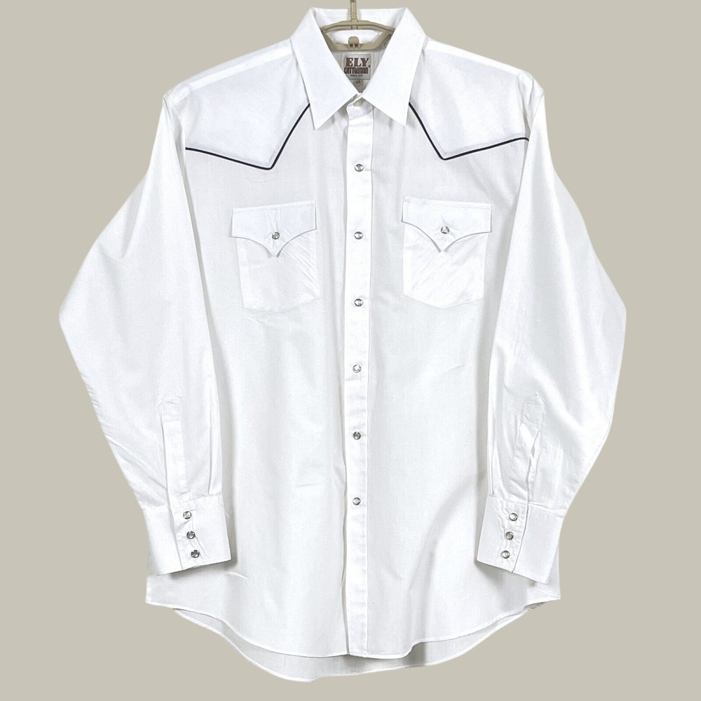 Ely Cattleman Mens Western Shirt XL White Pearl Snap Piping Long Sleeve Cowboy
